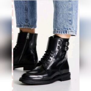 All Saints Black Leather Combat Boots with Buckles